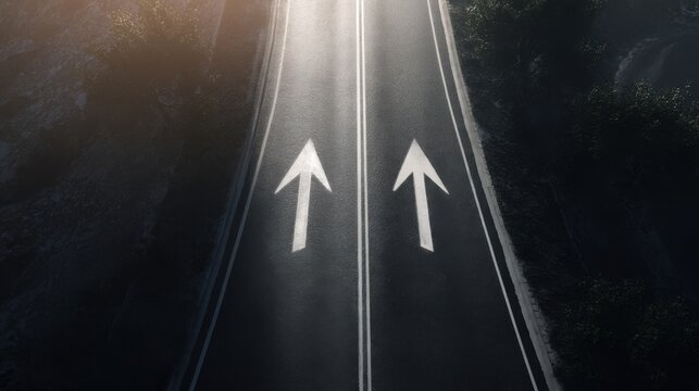 Ultra realistic close aerial view of a premium asphalt road with two large elegant directional arrows painted at a fork, arrows pointing in opposite