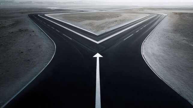 Ultra realistic close aerial view of a premium asphalt road with two large elegant directional arrows painted at a fork, arrows pointing in opposite