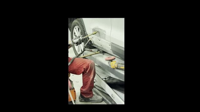 Reparaci&oacute;n de chapa de autom&oacute;vil: mec&aacute;nico extrayendo golpe del estribo de coche en elevador