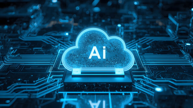 Cloud and edge computing technology data transfer concept. A large cloud icon is in the center, Ai Brain Cloud Big data, network, Science and futuristic ai cloud background concept.