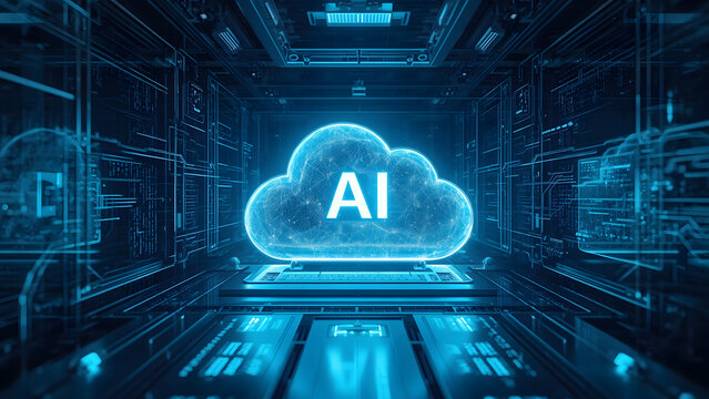 Cloud and edge computing technology data transfer concept. A large cloud icon is in the center, Ai Brain Cloud Big data, network, Science and futuristic ai cloud background concept.