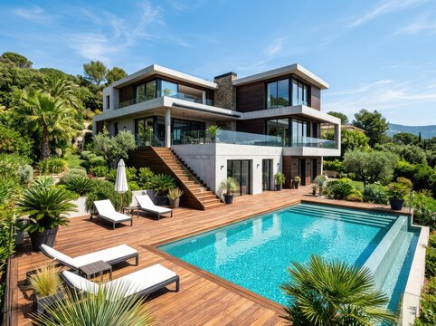Elegant contemporary multi-level home with an inviting swimming pool, spacious wooden deck, and lush green landscaping on a beautiful sunny day, contemporary, villa, clouds