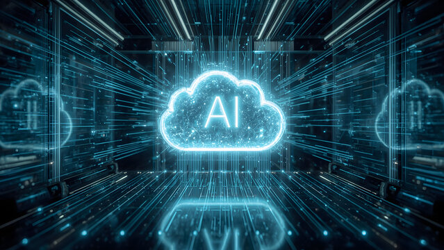 Cloud and edge computing technology data transfer concept. A large cloud icon is in the center, Ai Brain Cloud Big data, network, Science and futuristic ai cloud background concept.