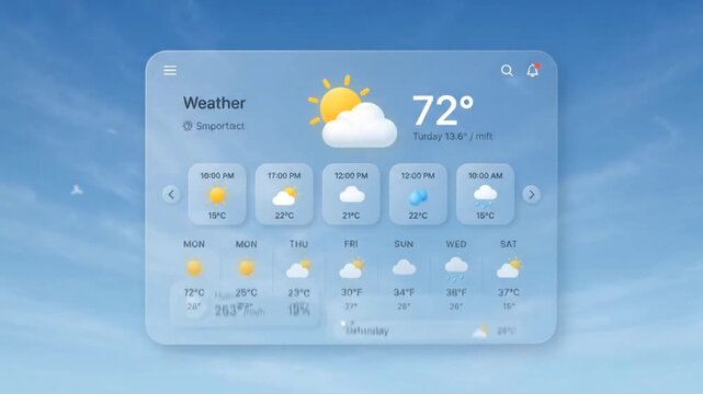 Glassmorphism weather app user interface design on a clear blue sky background with clouds