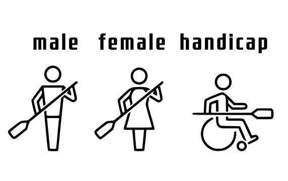 Water-sports sports sport male female handicap toilet sign signage lavatory water closet monochrome symbol icon illustration white background 
