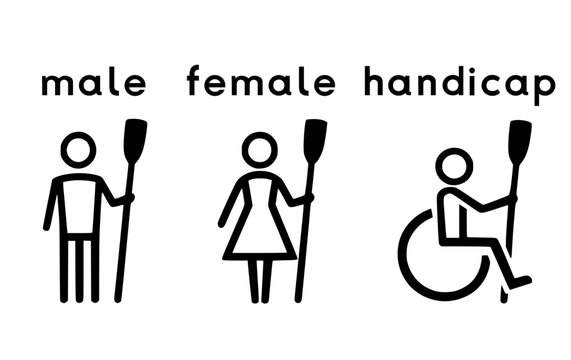 Water-sports sports sport male female handicap toilet sign signage lavatory water closet monochrome symbol icon illustration white background 