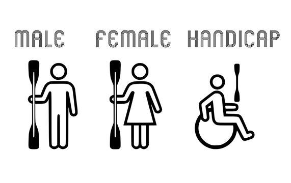Water-sports sports sport male female handicap toilet sign signage lavatory water closet monochrome symbol icon illustration white background 