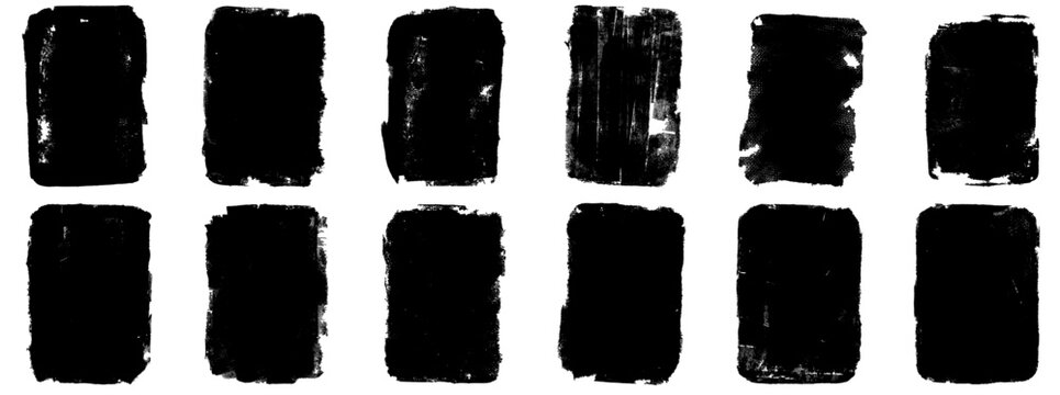 Grunge rectangle shape tag with text box figure and stamp effect rough collection. Inky distressed block elements on white backdrop for poster. Vector grungy tagged set isolated for print layout
