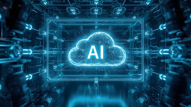 Cloud and edge computing technology data transfer concept. A large cloud icon is in the center, Ai Brain Cloud Big data, network, Science and futuristic ai cloud background concept.