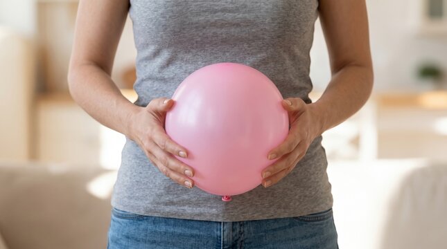 Woman holding a pink balloon against her abdomen, creating a visual metaphor for abdominal bloating, stomach swelling, digestive discomfort, gas and gastrointestinal health concerns