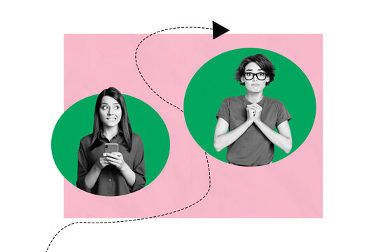 Composite photo collage of two dissatisfied girls one hold iphone send wrong message arrow receive friend isolated on painted background