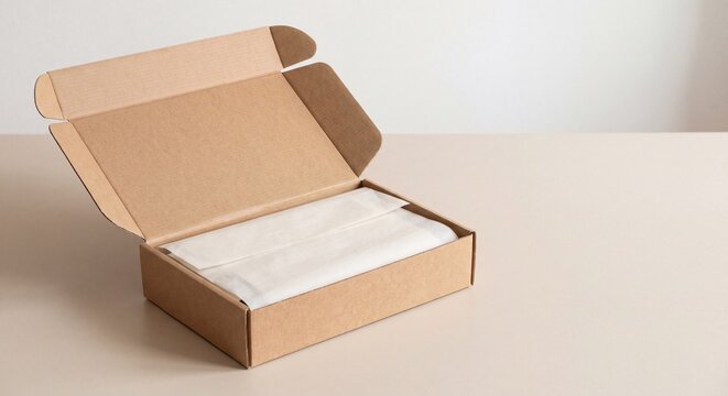 Open Kraft Paper Mailer Box with Wrapped Tissue Paper Inside