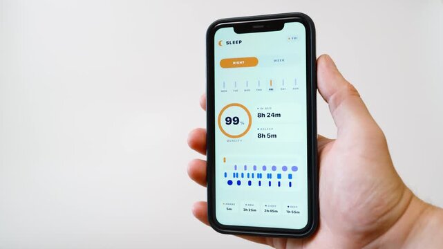 Hand holding smartphone with sleep tracking app showing sleep quality score and night statistics