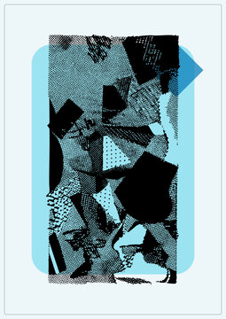 Distressed halftone collage of torn paper scraps and geometric, grungy paste up zine texture over a cyan rounded rectangle. Riso style cutouts blend dots and stipple grain for a punk flyer aest