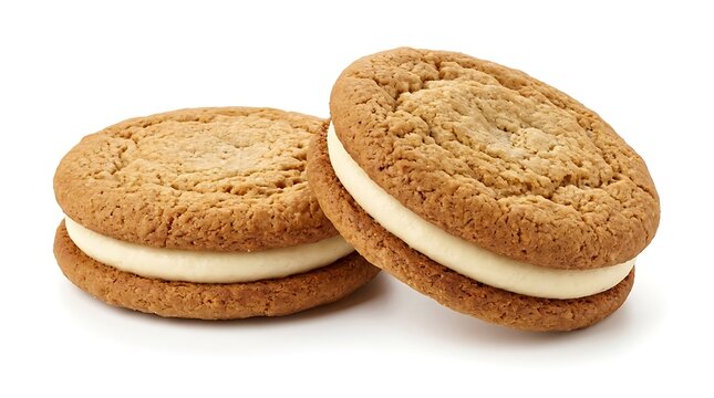 Two delicious sandwich cookies with creamy white filling on a clean white background
