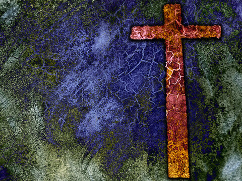 rusty red grunge effect cross on blue purple green texture