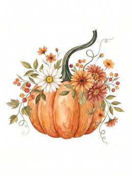 Orange pumpkin decorated with colorful autumn flowers and berries for thanksgiving and fall harvest festival season