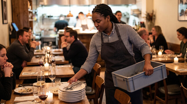 Server clearing empty plates from a table in a busy restaurant  
