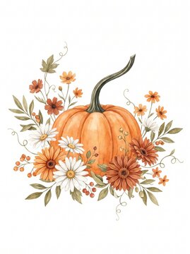 Orange pumpkin with autumn flowers and green leaves illustration