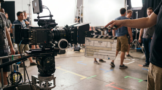Film crew member holding clapperboard in front of camera setup  