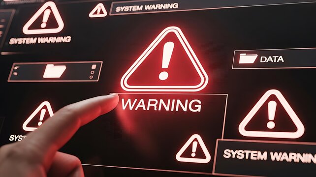 A human finger touching a digital screen displaying multiple red warning triangle and system error messages in a dark technological environment