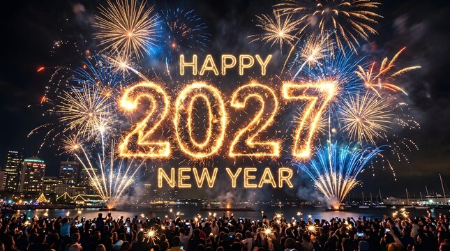 Spectacular new year's eve 2027 celebration a dazzling display of fireworks over a vibrant city skyline ushering in hope and joy