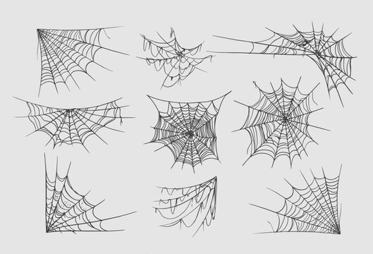 Set of dripping spider web corner and hanging web, vector elements, white on dark