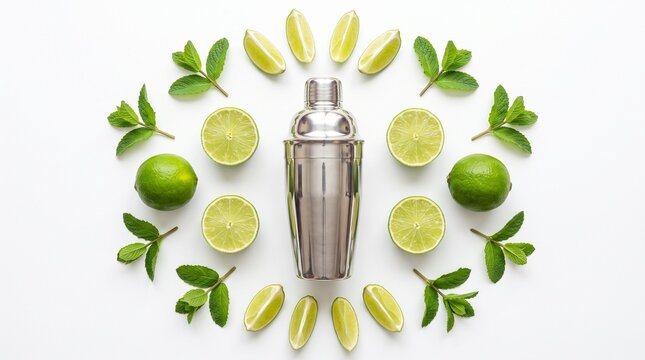 Stainless steel cocktail shaker surrounded by fresh green lime slices and mint on white background