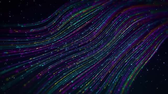 Futuristic abstract motion background with blue, purple, and yellow dotted light trails flowing through starry space, featuring a 1&ndash;10 second reveal and seamless 10&ndash;20 second loop.