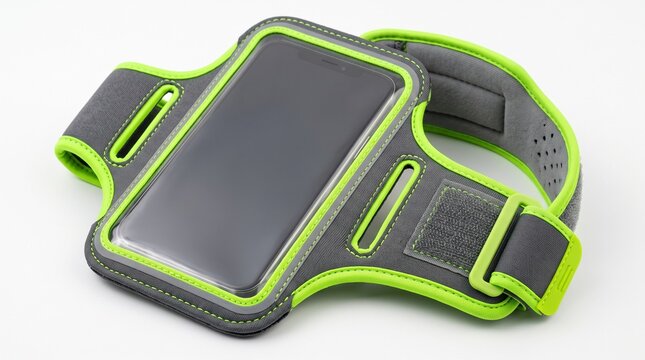 Grey and lime green smartphone armband for athletic running activities displayed on white background