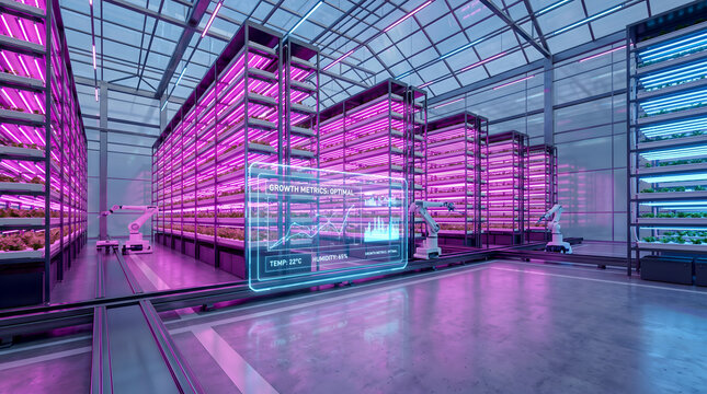 Indoor vertical farm with pink and blue led grow lights