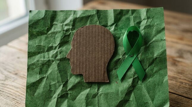 Mental Health Awareness Symbol Of Cardboard Head And Green Ribbon On Textured Paper
