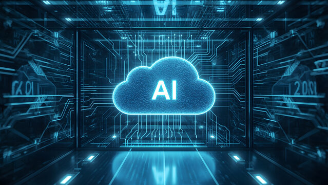 Cloud and edge computing technology data transfer concept. A large cloud icon is in the center, Ai Brain Cloud Big data, network, Science and futuristic ai cloud background concept.