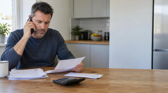Man talking on phone comparing bills and documents