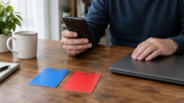 Person checking smartphone with two blank cards on table