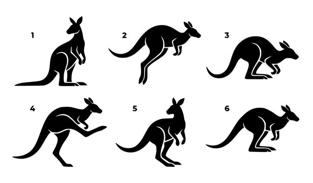 Modern kangaroo vector silhouettes with stylized abstract shapes of active marsupials