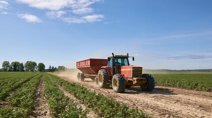 Obraz premium The Tractor in a Dusty Field Driving a Red Dump Trailer at Work