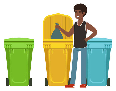 Man throwing trash into recycling can. Sorting waste