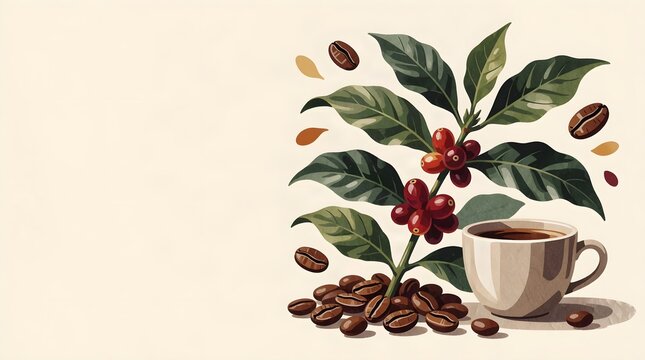 Coffee Cup with Coffee Plant, Cherries and Roasted Beans