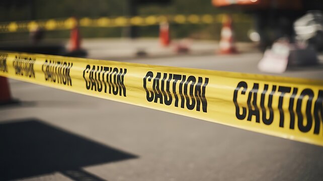 Bright yellow caution tape stretched across a construction site with blurred orange traffic cones in the background, during a sunny, daytime setting