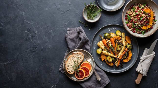 Overhead shot of roasted seasonal root vegetables served on a dark plate alongside quinoa salad and rustic toasted bread