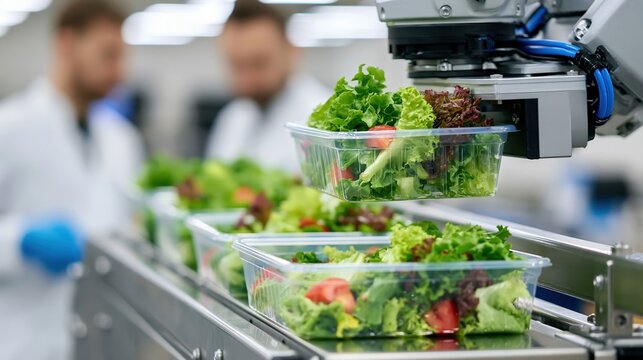 The Robotic Salad Packaging Line with Fresh Lettuce in Clear Containers