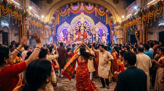  Energetic Garba Dancers in Front of Illuminated Goddess Durga Stage