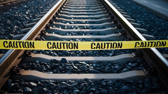Yellow caution tape stretched horizontally across steel railway tracks with dark gravel ballast background, indicating a restricted, train path area