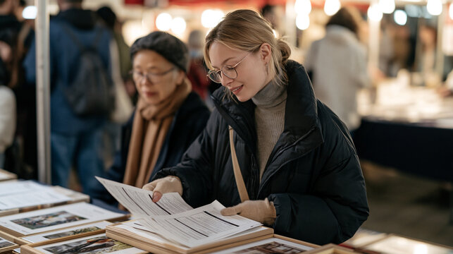 A grant writer at a vibrant outdoor market shadows a senior colleague reviewing funding documents, gloved hands mid task sorting printed proposal pages, a solitary figure focused