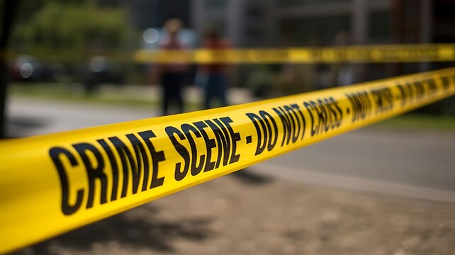Yellow crime scene tape with black text stretched across a road, indicating a restricted area with blurred figures standing in the background area