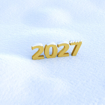 Happy New Year 2027 concept: The golden numbers 2027 snow-covered and standing in snow.