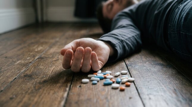 Man Lying Down With Medication On Wooden Floor