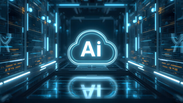 Cloud and edge computing technology data transfer concept. A large cloud icon is in the center, Ai Brain Cloud Big data, network, Science and futuristic ai cloud background concept.