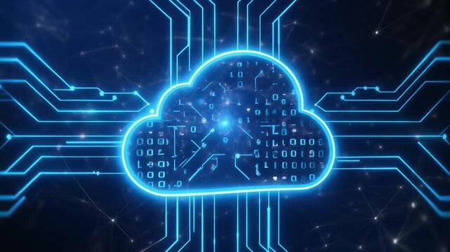 Digital cloud network forming with glowing circuits and data streams in dark blue space